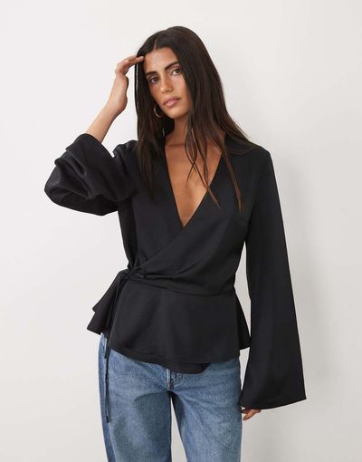 GINA TRICOT Gina Tricot satin wrap blouse in black