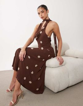 GINA TRICOT Gina Tricot scarf neck maxi dress in brown polka dot