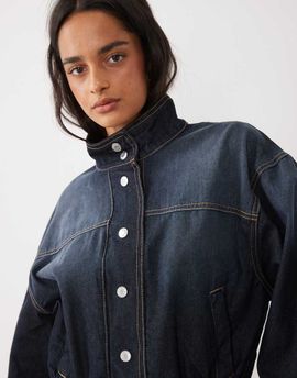GINA TRICOT Gina Tricot set dropped waist high neck denim jacket in darkwash indigo blue