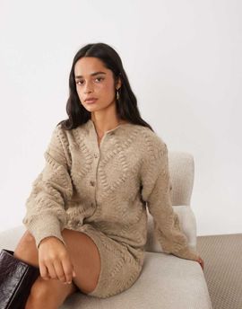 GINA TRICOT Gina Tricot set knitted tie cardigan in dark beige melange-NEUTRAL
