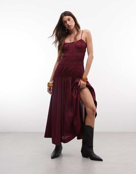 GINA TRICOT Gina Tricot shirred body cotton maxi dress in burgundy