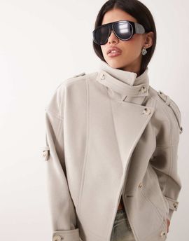 GINA TRICOT Gina Tricot short high funnel neck bomber style jacket with wool in dark brown
