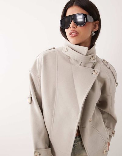 GINA TRICOT Gina Tricot short high funnel neck bomber style jacket with wool in dark brown