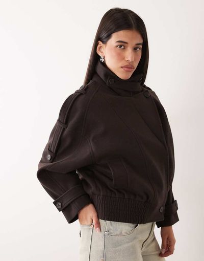 GINA TRICOT Gina Tricot short high funnel neck bomber style jacket with wool in light beige-WHITE