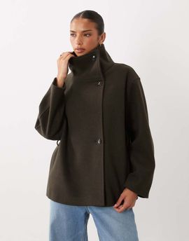 GINA TRICOT Gina Tricot short high funnel neck jacket with wool in dark green