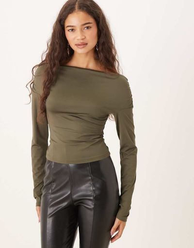 GINA TRICOT Gina Tricot slinky jersey off the shoulder long sleeve top in olive green
