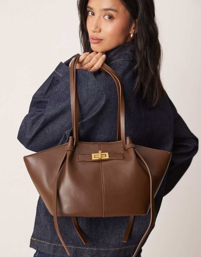 GINA TRICOT Gina Tricot small faux leather tote bag with strap and clutch detail in dark brown