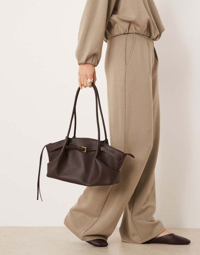 GINA TRICOT Gina Tricot small fold detail tote bag in dark brown