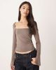 GINA TRICOT Gina Tricot Soft Touch long sleeve top with square neck and split cuffs in mushroom brown - 1