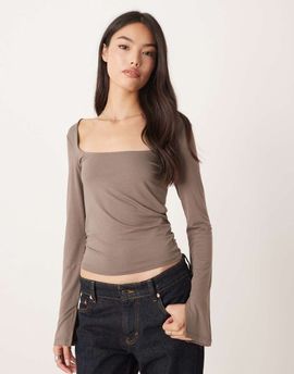 GINA TRICOT Gina Tricot Soft Touch long sleeve top with square neck and split cuffs in mushroom brown