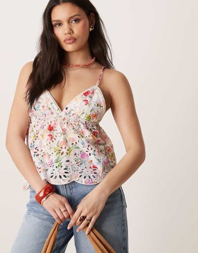 GINA TRICOT Gina Tricot strappy broderie anglaise tank top in colorful flower print-Multi