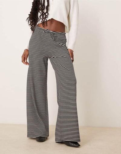 GINA TRICOT Gina Tricot supersoft jersey wide leg pants with drawstring waist in black and white stripes-Multi
