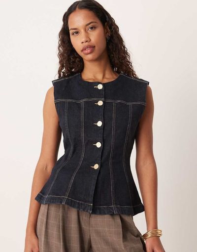 GINA TRICOT Gina Tricot tailored sculpted waist shaped denim tank top in dark wash indigo rinse-Blue