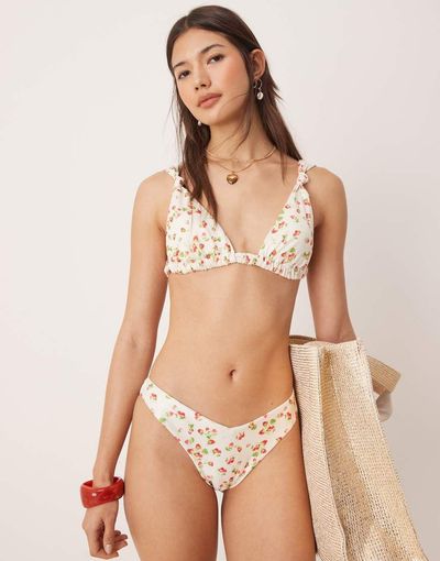 GINA TRICOT Gina Tricot triangle bikini top with wide straps in red strawberry print-White