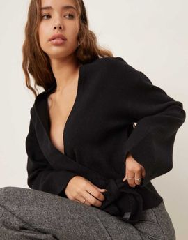 GINA TRICOT Gina Tricot v-neck knit wrap cardigan with wide sleeves in black