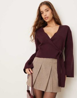 GINA TRICOT Gina Tricot v-neck knit wrap cardigan with wide sleeves in dark burgundy-Red