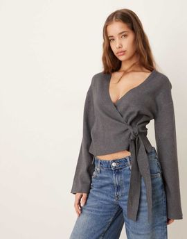 GINA TRICOT Gina Tricot v-neck knit wrap cardigan with wide sleeves in dark heather gray