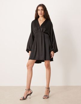 GINA TRICOT Gina Tricot v neck satin batwing sleeve mini dress with wrap front detail in black