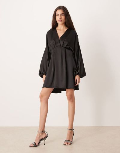 GINA TRICOT Gina Tricot v neck satin batwing sleeve mini dress with wrap front detail in black