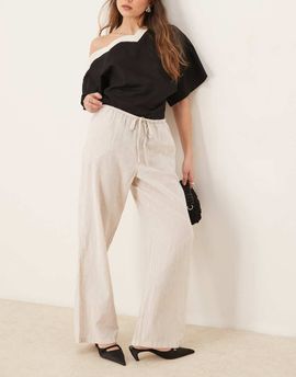 GINA TRICOT Gina Tricot wide leg linen blend pants with drawstring waist in beige-White