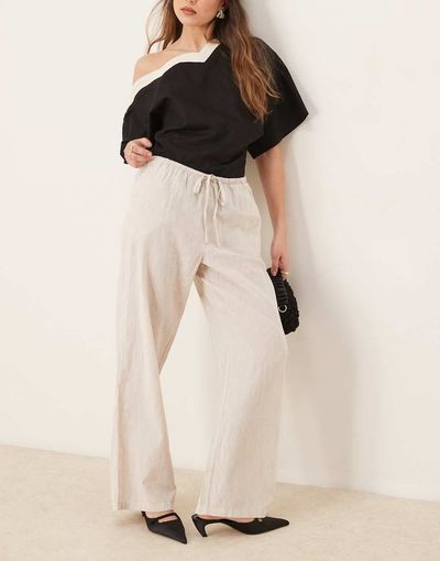 GINA TRICOT Gina Tricot wide leg linen blend pants with drawstring waist in beige-White