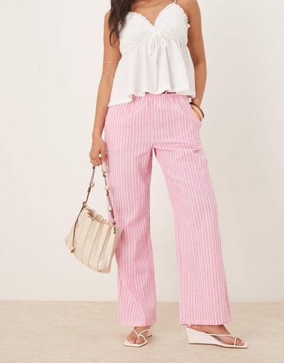 GINA TRICOT Gina Tricot wide leg linen pants with drawstring waist in pink stripe