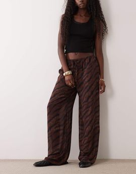 GINA TRICOT Gina Tricot wide leg semi sheer chiffon pants in brown zebra animal print
