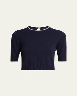 Giorgio Armani Crystal-Collar Cashmere Short-Sleeve Crop Sweater