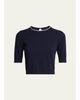 Giorgio Armani Crystal Crewneck Short-Sleeve Silk Knit Crop Shirt - 1