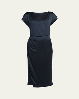 Giorgio Armani Hammered Satin Cap-Sleeve Wrap Midi Dress
