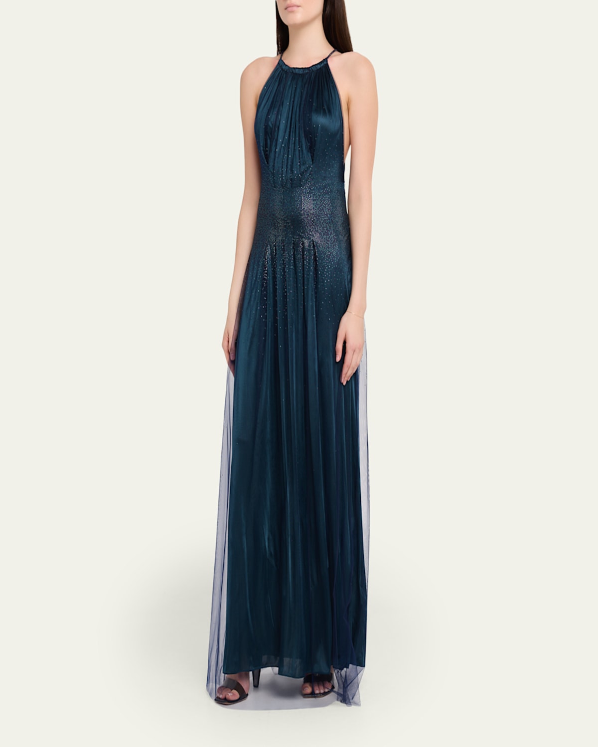 Giorgio Armani - Rhinestoned Pleated Tulle Jersey Halter Gown Giorgio Armani - Rhinestoned Pleated Tulle Jersey Halter Gown