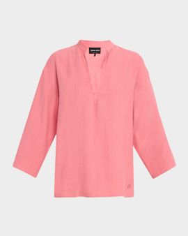 Giorgio Armani V-Neck Hemp Relaxed Long-Sleeve Shirt