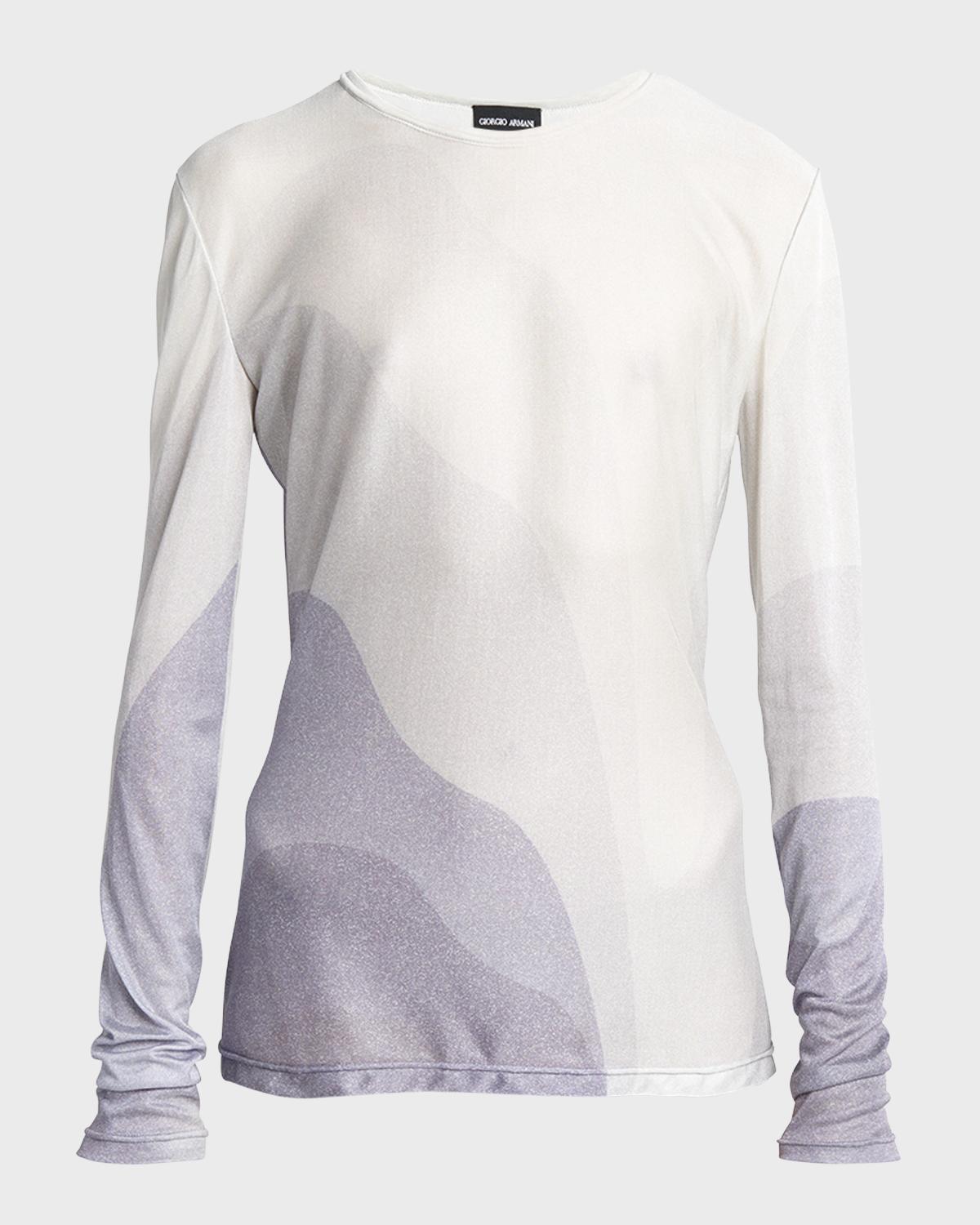 Giorgio Armani Wave-Print Long-Sleeve Metallic Silk Jersey Knit Top
