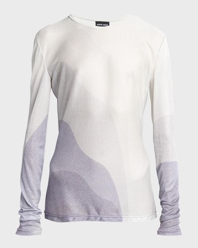 Giorgio Armani Wave-Print Long-Sleeve Metallic Silk Jersey Knit Top