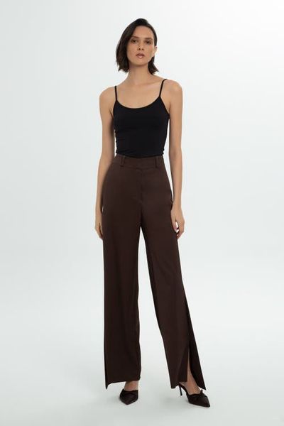 Gizia Gizia Asymmetrical Cuff Brown High-Waist Tailored Pants 