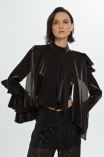 Gizia Gizia Back Zipper Ruffled Detail Black Blouse 