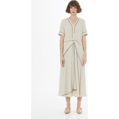 Gizia Gizia Beige Piped Detail Linen Maxi Dress 