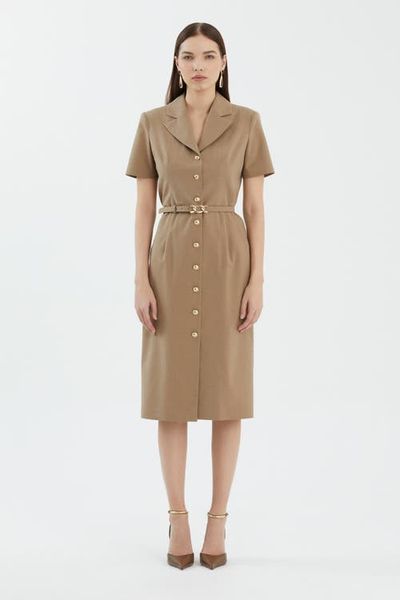 Gizia Gizia Beige Short Sleeve Belted Midi Dress 