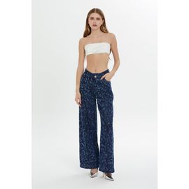 Gizia Gizia Belt and Button Detail Front Single-Pleat Wide-Leg Denim Pants