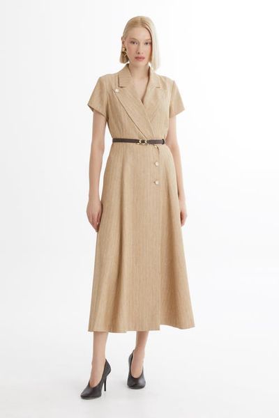 Gizia Gizia Brown Belted Flounce Dress 