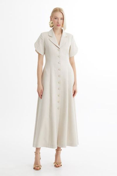Gizia Gizia Ecru Short-Sleeve Ruffle Midi Dress