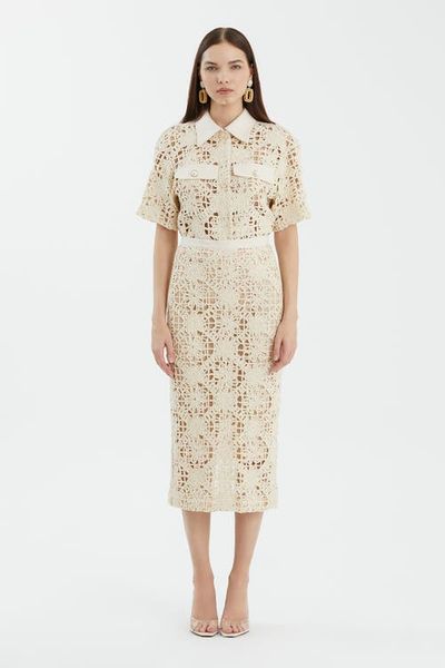 Gizia Gizia Ecru Slit Midi Pencil Skirt
