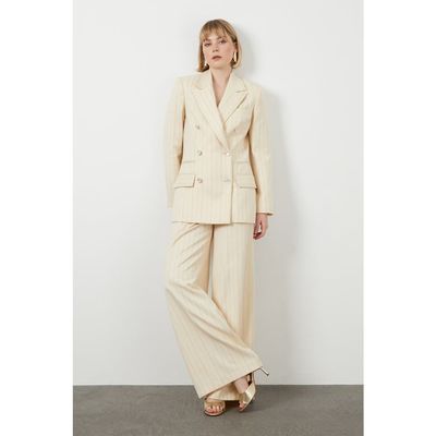 Gizia Gizia Pearl Button Detail Striped Off-White Tailored Jacket