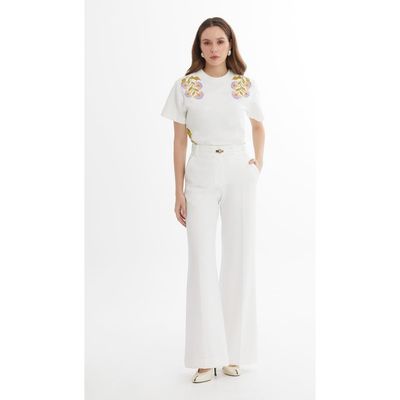 Gizia Gizia Pleated Stitch High-Waist Ecru Palazzo Pants