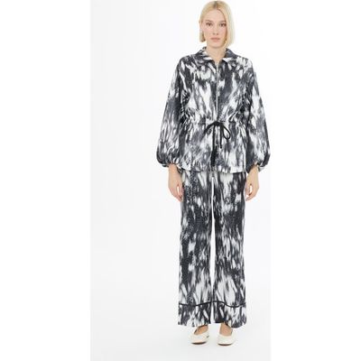 Gizia Gizia Ruffled Sleeve Printed Loose Fit Grey Set 