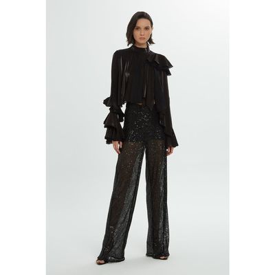 Gizia Gizia Sequin Side-Zip Black Statement Wide-Leg Trousers 