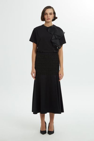 Gizia Gizia Sequin Upper Side-Zip Black Statement Midi Skirt 