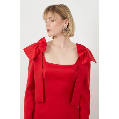 Gizia Gizia Shoulder Bow Detail Lined Formal Red Dress 