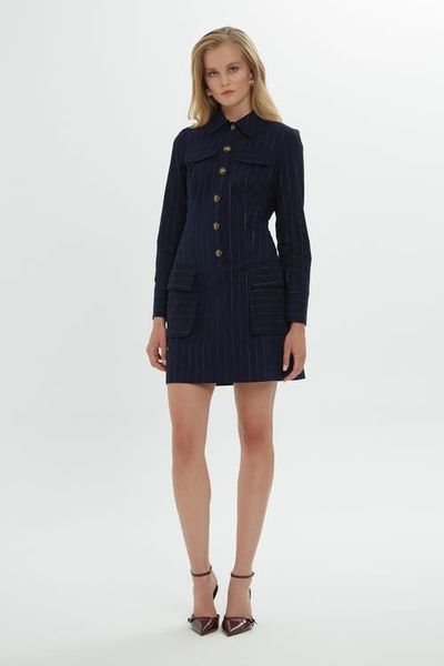 Gizia Gizia Striped Cotton Mini Shirt Dress with Gold Buttons