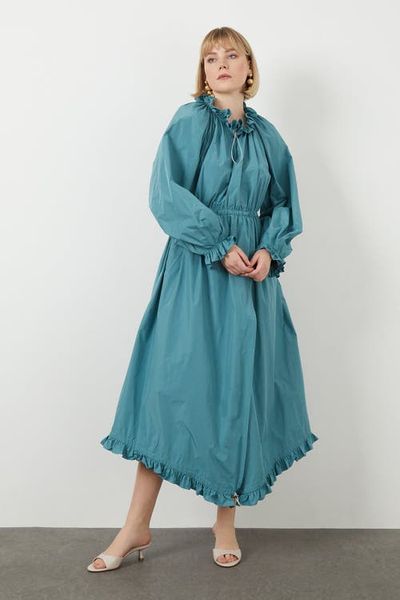 Gizia Gizia Turquoise Ruffle Neck Dress with Gathered Waist